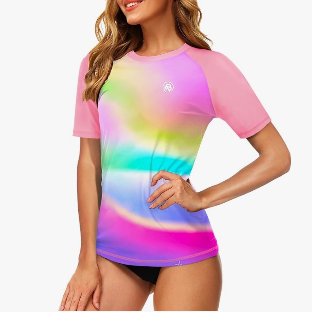 AOBUTE Women Short Sleeve Rash Guard Gradient Sun Protection Swim Shirts - 3XL